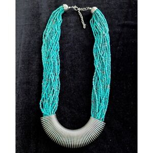 Turquoise Multi‎ Strand Seed Bead Silver Tone Coil Bib Statement Necklace Boho